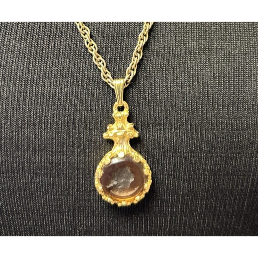 VTG 1950'S GOLDETTE NY BROWN GLASS INTAGLIO CAMEO PENDANT NECKLACE VICTORIAN